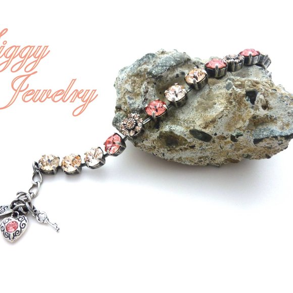 Austrian Crystal Tennis Bracelet with Flower Embellishments in Peachy Colors - Picture 8 of 8